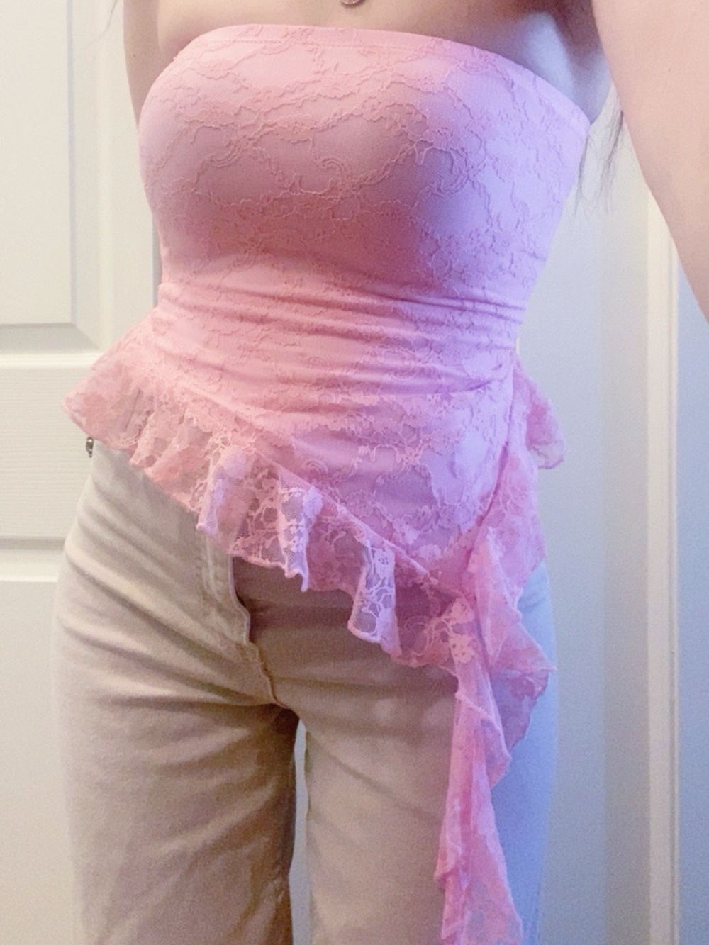Pink Strapless Lace Asymmetrical Top